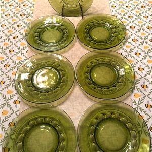 Set of 7 - Crown Green Glass Luncheon Plate Set: Vintage Colony Glass Co.